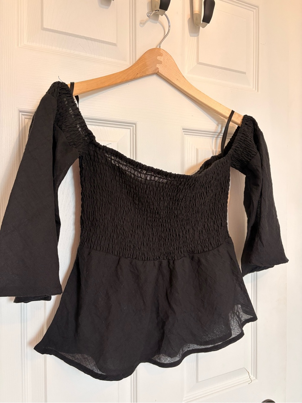 Auguste The Label Black Smocked Off-Shoulder Peplum Top